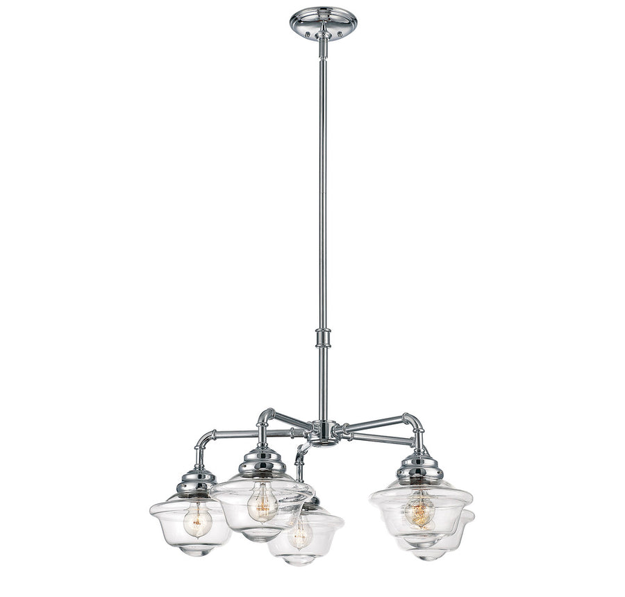 Savoy House chandelier with pipe-style branching arms and clear bell-shaped shades