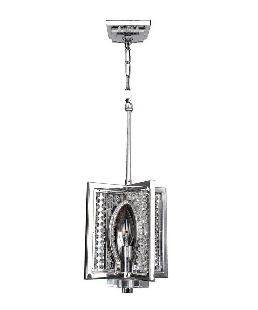 Kalco Rockefeller mini pendant with a geometric chrome frame, clear bead strands and a candle-style light