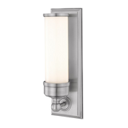 Hudson Valley Everett wall sconce with an opal cylindrical shade and stepped Satin Nickel backplate