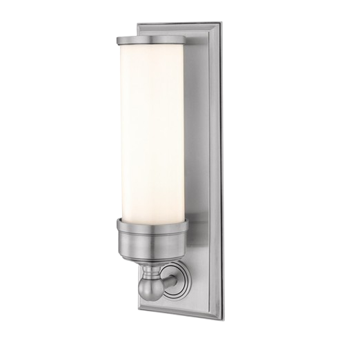Hudson Valley Everett wall sconce with an opal cylindrical shade and stepped Satin Nickel backplate