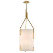 Troy Lighting Quantum pendant with a pale cylindrical shade and angular gold-toned frame