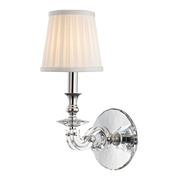 Hudson Valley Lapeer 1291-PN wall sconce with a pleated white shade, clear curved arm and round backplate