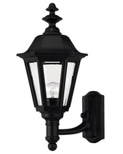 Hinkley Manor House 1419BK black outdoor wall lantern with clear tapered panes and decorative finials