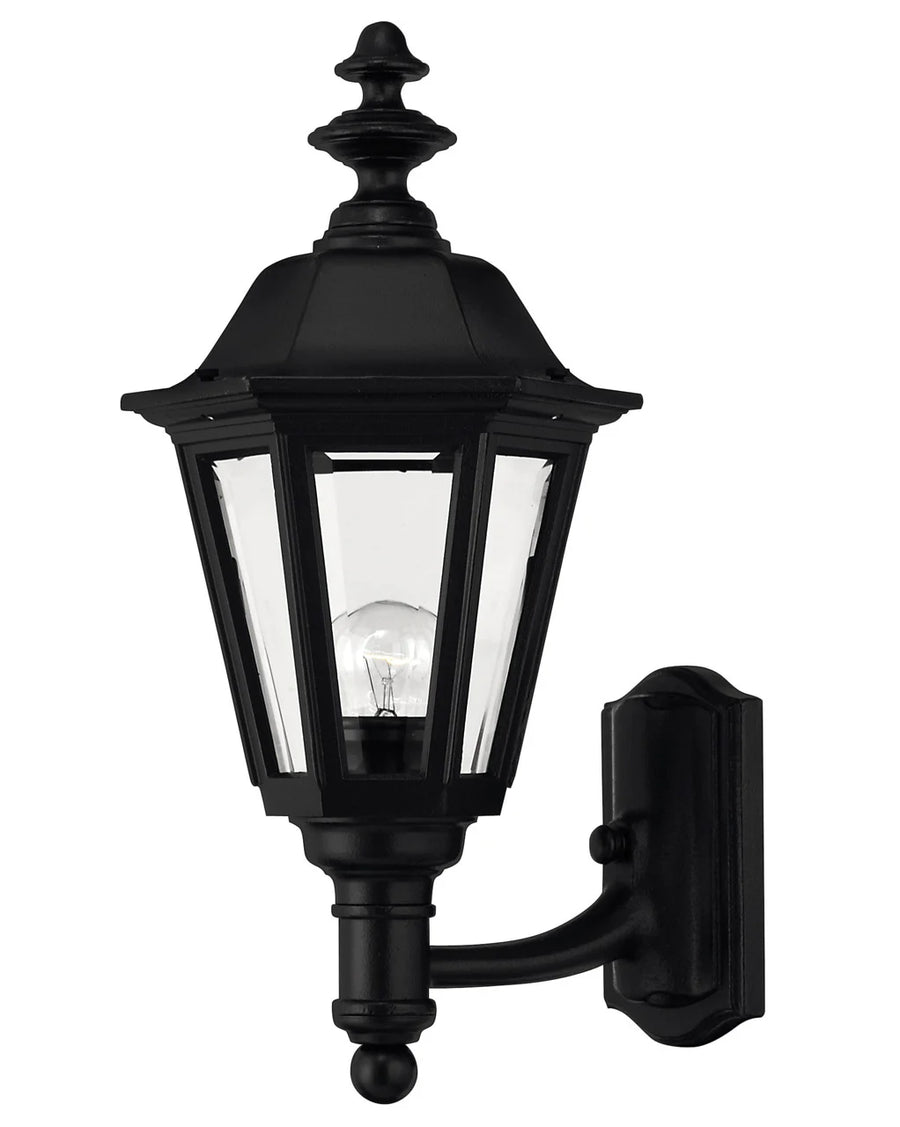 Hinkley Manor House 1419BK black outdoor wall lantern with clear tapered panes and decorative finials