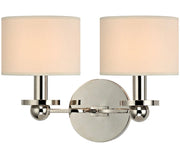 Hudson Valley Kirkwood sconce with two white drum shades and polished-nickel spherical details