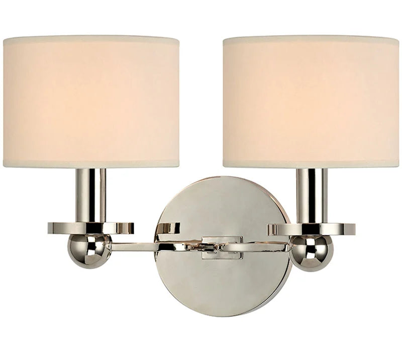 Hudson Valley Kirkwood sconce with two white drum shades and polished-nickel spherical details