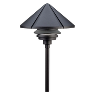 Black path light with a ribbed peaked cap and slim stem, with the lower stem outside the image.