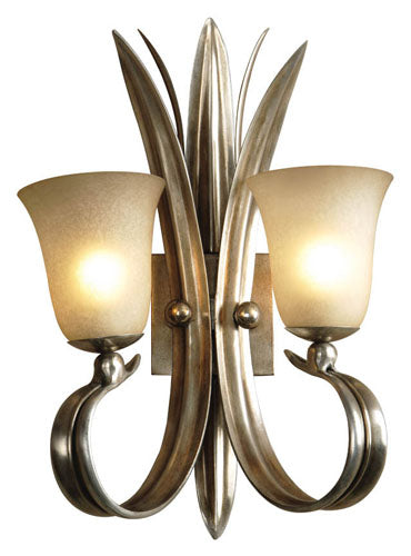 Uttermost Tree of Life two-light wall sconce with leaf-like Burnished Silver metalwork and warm bell shades