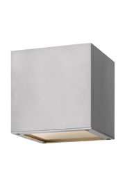 Hinkley Kube titanium wall light with a square-front enclosure and recessed lower lens.
