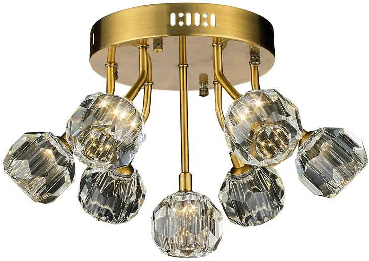 StarFire Crystal Sole 1816AB ceiling light with seven faceted clear shades on staggered Antique Brass arms