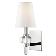 Angled view of Hudson Valley Luna chrome wall sconce with tapered shade and clear rounded accent