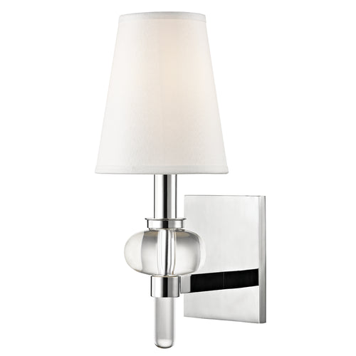 Angled view of Hudson Valley Luna chrome wall sconce with tapered shade and clear rounded accent