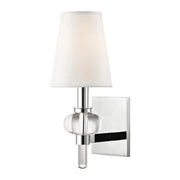 Hudson Valley Luna chrome wall sconce showing its silk shade, clear bauble and rectangular backplate