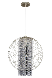 Allegri Mundo hanging light with a silver-toned open globe surrounding cascading clear crystal drops.