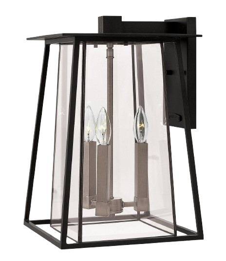 Hinkley Walker lantern with three candle-style bulbs and tapered frame