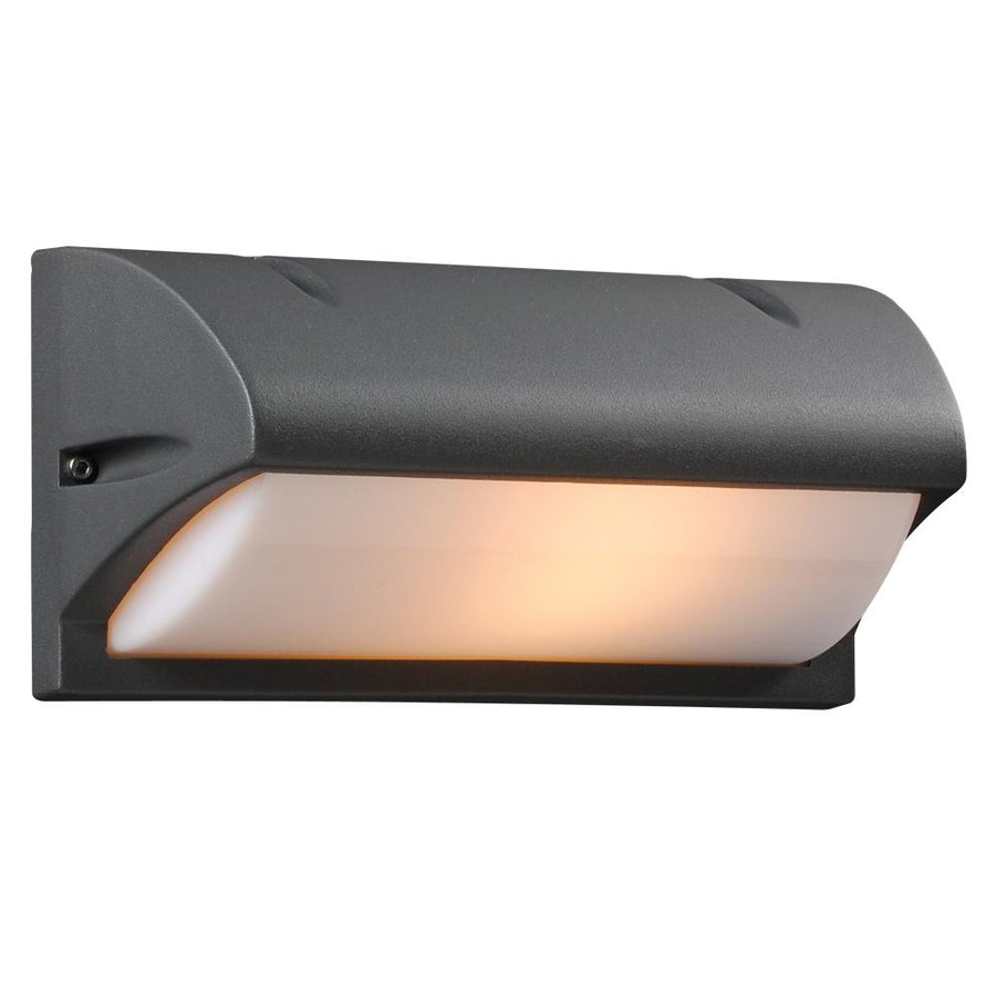 Compact dark outdoor wall light with a curved hood and an angled pale front diffuser.