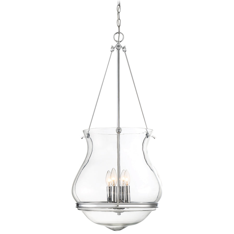 Minka Lavery Atrio chrome pendant with a clear urn-shaped enclosure and candle-style lights