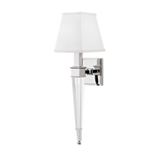 Angled view of Hudson Valley Ruskin nickel sconce with square tapered shade and long faceted tail