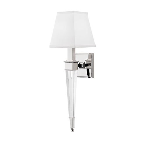 Angled view of Hudson Valley Ruskin nickel sconce with square tapered shade and long faceted tail