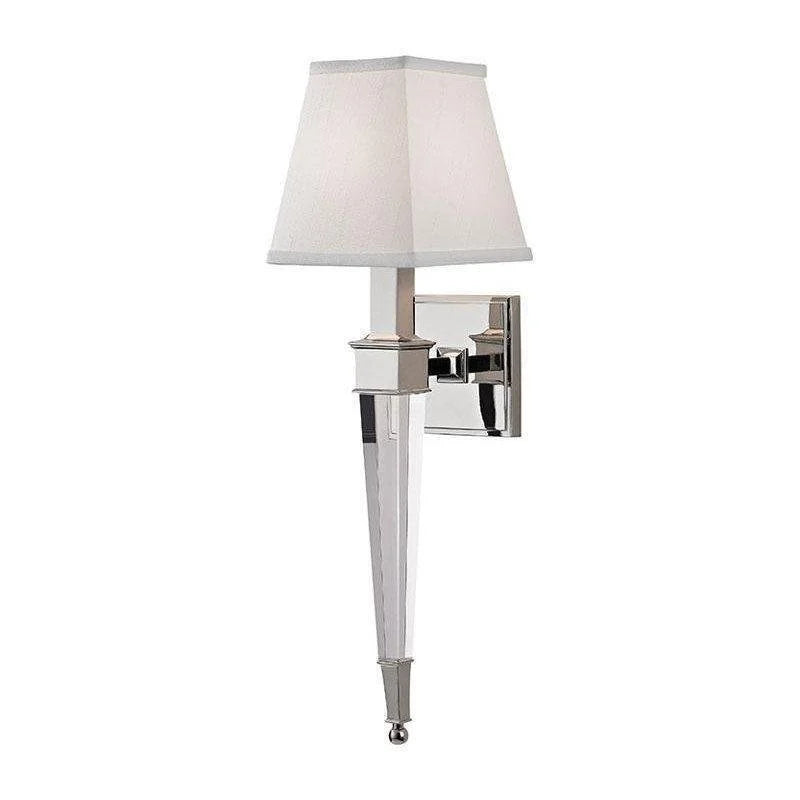 Hudson Valley Ruskin polished-nickel wall sconce showing its tapered shade and faceted clear accent