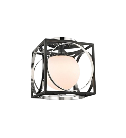 Hudson Valley Wadsworth polished nickel semi-flush light with an open cube, circular rings and a pale globe