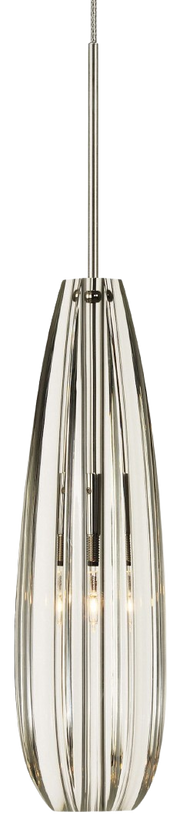Stone Lighting Alicia PD632CRSNX2M pendant with a long clear faceted shade and satin nickel suspension