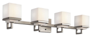 Kichler Metro Park brushed nickel vanity light with four white cube shades and square-loop details