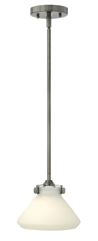 Hinkley 3117AN pendant with a long antique nickel stem, round canopy and flared white glass shade
