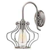 Chrome wall sconce with an open cage, curved gooseneck arm and stepped round backplate.