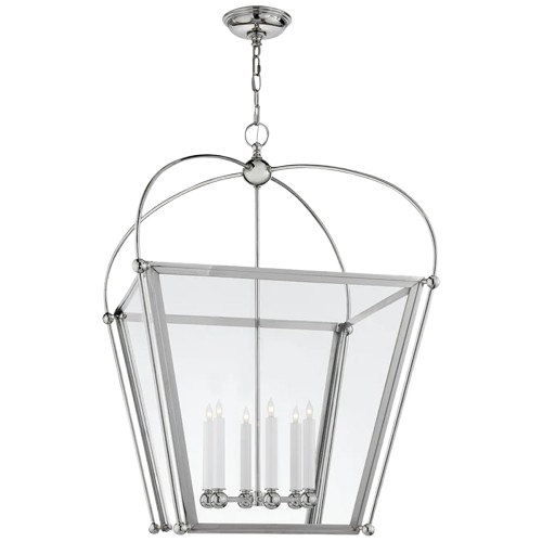 Chapman & Myers Riverside Large Square Lantern Ceiling Light – Polished Nickel, Clear Glass, 28.75″ W x 42.75″ H