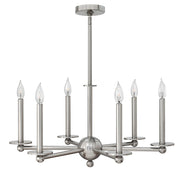 Hinkley Piedmont brushed-nickel chandelier with six candle-style lights on straight radial arms and a spherical hub.