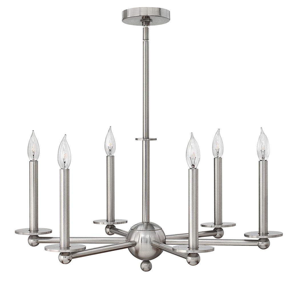 Hinkley Piedmont brushed-nickel chandelier with six candle-style lights on straight radial arms and a spherical hub.