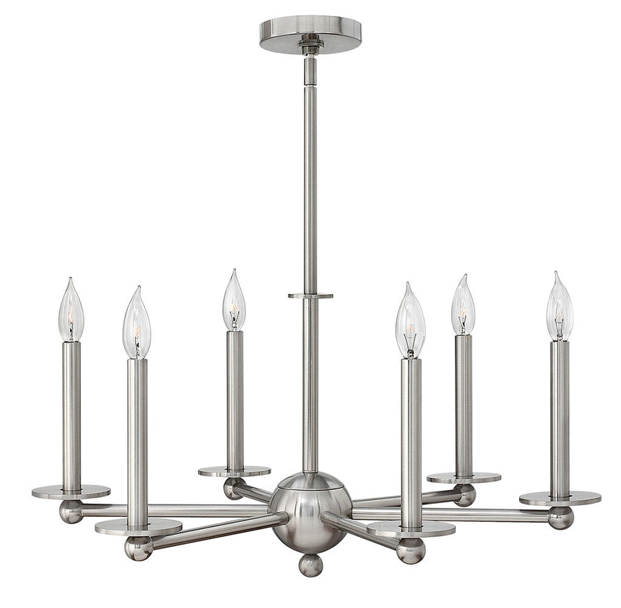 Hinkley Piedmont brushed-nickel chandelier with six candle-style lights on straight radial arms and a spherical hub.