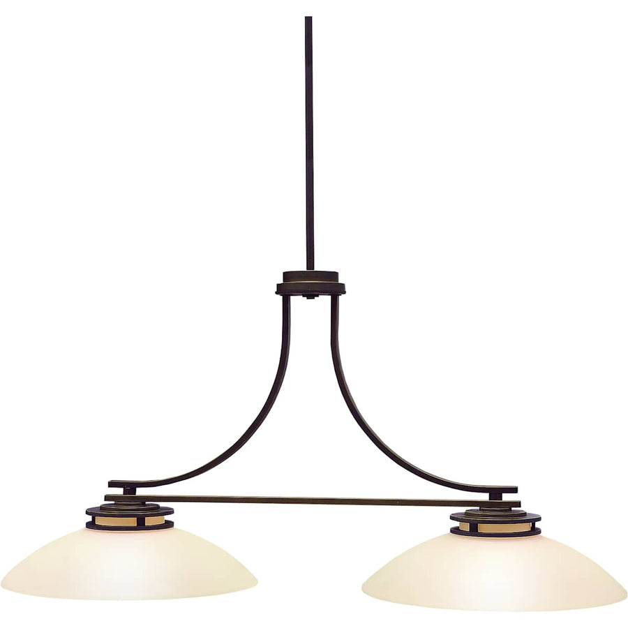 Kichler Casual Transitions 3875OZ two-light island fixture in Olde Bronze with satin-etched glass
