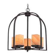 Quoizel Aldora CKAD5005PN chandelier with an open bronze cage and five warm veined cylindrical shades