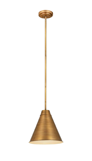 Z-Lite Eaton rubbed brass pendant with a tapered cone shade, slender stem and round canopy