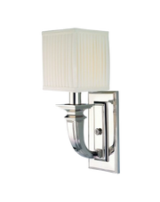 Hudson Valley Phoenicia 541-PN wall sconce with a pale pleated shade and polished nickel curved arm