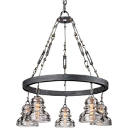 Troy Menlo Park chandelier with a metal ring and five clear insulator-style glass shades