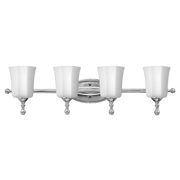 Hinkley Shelly chrome vanity light with four flared white shades and small decorative finials.
