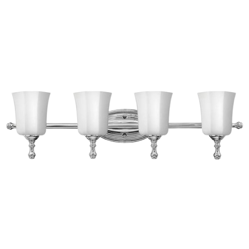 Hinkley Shelly chrome vanity light with four flared white shades and small decorative finials.