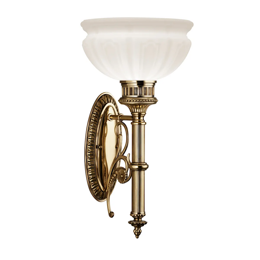 Kichler 40006BAB antique-brass torch-style sconce with a fluted stem and upward white glass bowl