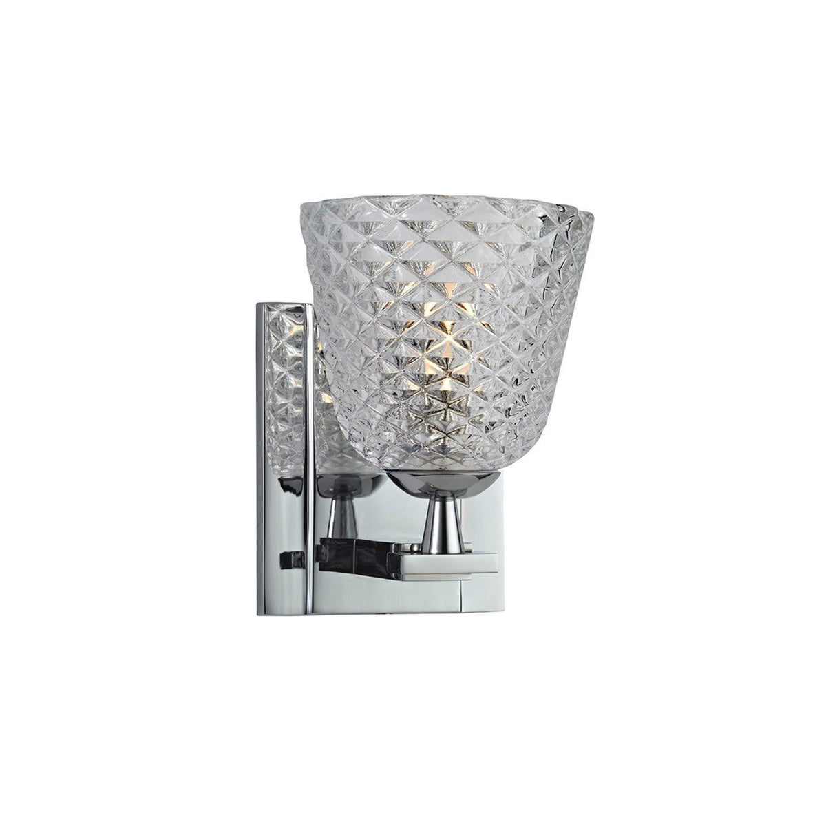 Hudson Valley Grafton Polished Chrome wall sconce with one diamond-textured clear glass cup and reflective backplate