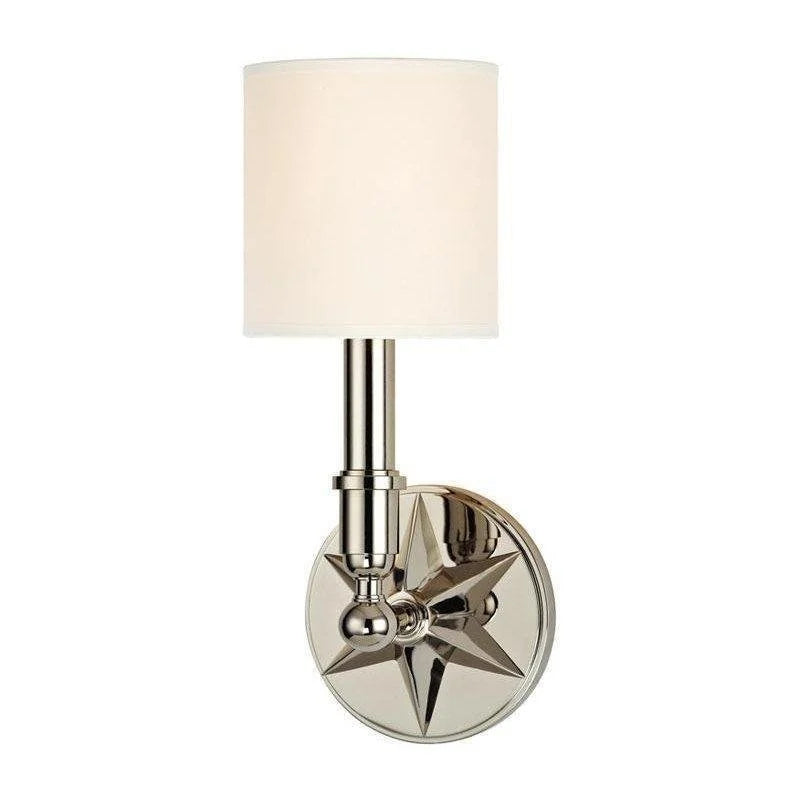 Hudson Valley Bethesda polished-nickel wall sconce with a white shade and faceted star backplate