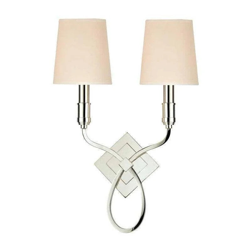 Hudson Valley Westbury polished-nickel wall sconce with two tapered shades and interlaced arms