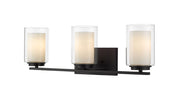 Z-Lite Willow three-light vanity light in Matte Black with clear and matte-opal glass