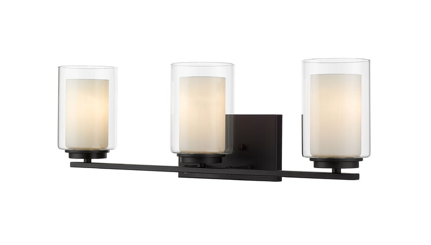 Z-Lite Willow three-light vanity light in Matte Black with clear and matte-opal glass