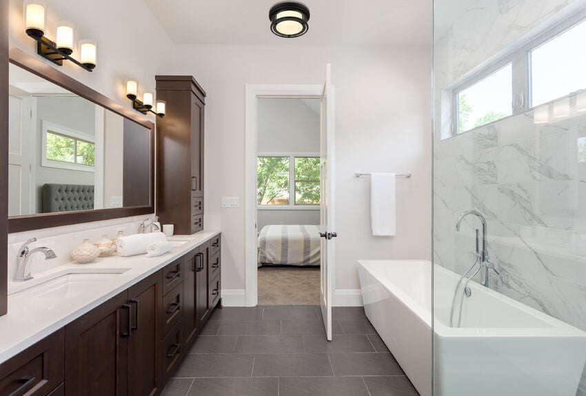 Z-Lite Willow Matte Black vanity lights in a contemporary bathroom