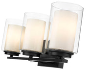Close detail of the Z-Lite Willow clear and matte-opal glass shades with Matte Black frame