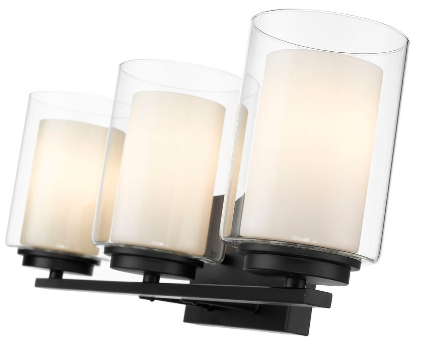 Close detail of the Z-Lite Willow clear and matte-opal glass shades with Matte Black frame