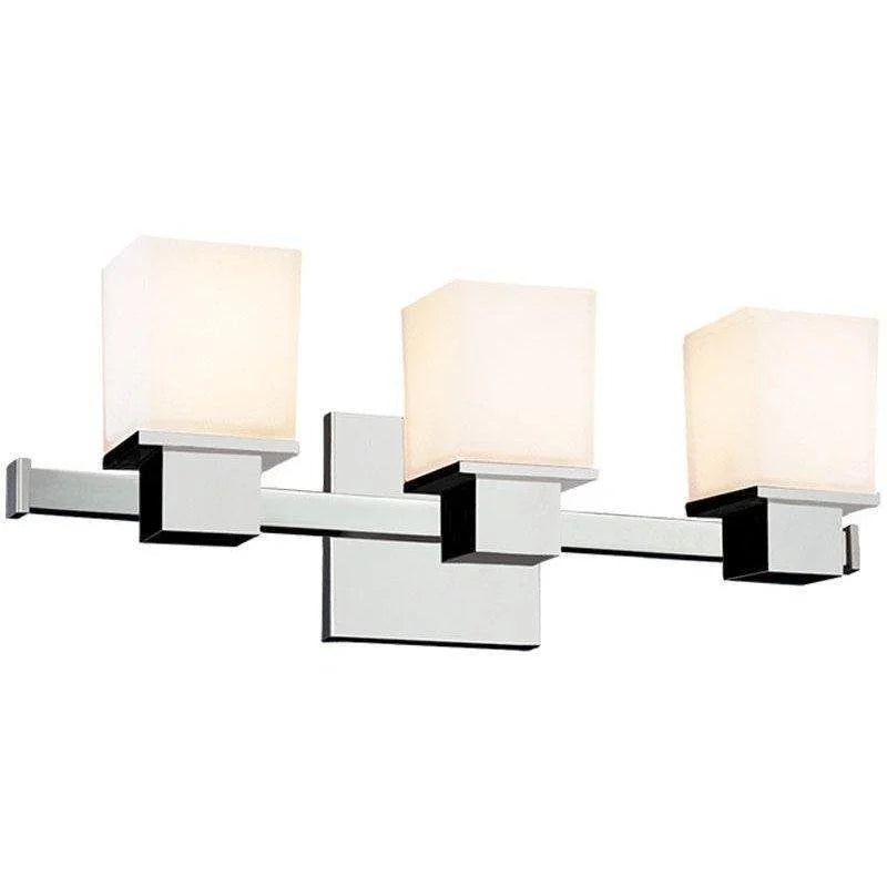Angled view of Hudson Valley Milford chrome vanity light with three squared opal shades